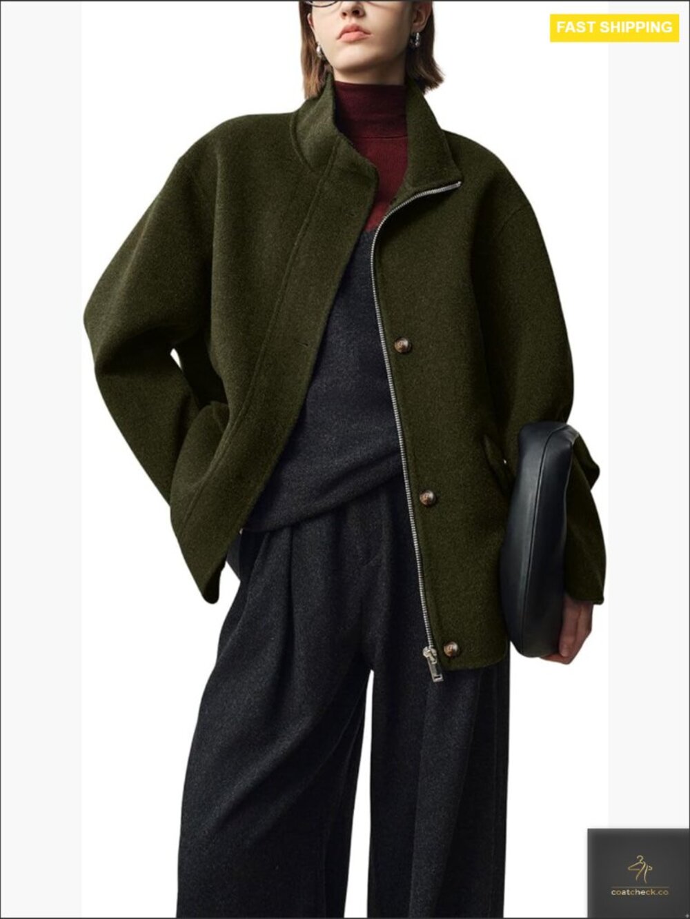 Wool Stand Collar Trench Coat Zip Front Dressy Casual Short Pea Coat Overcoat